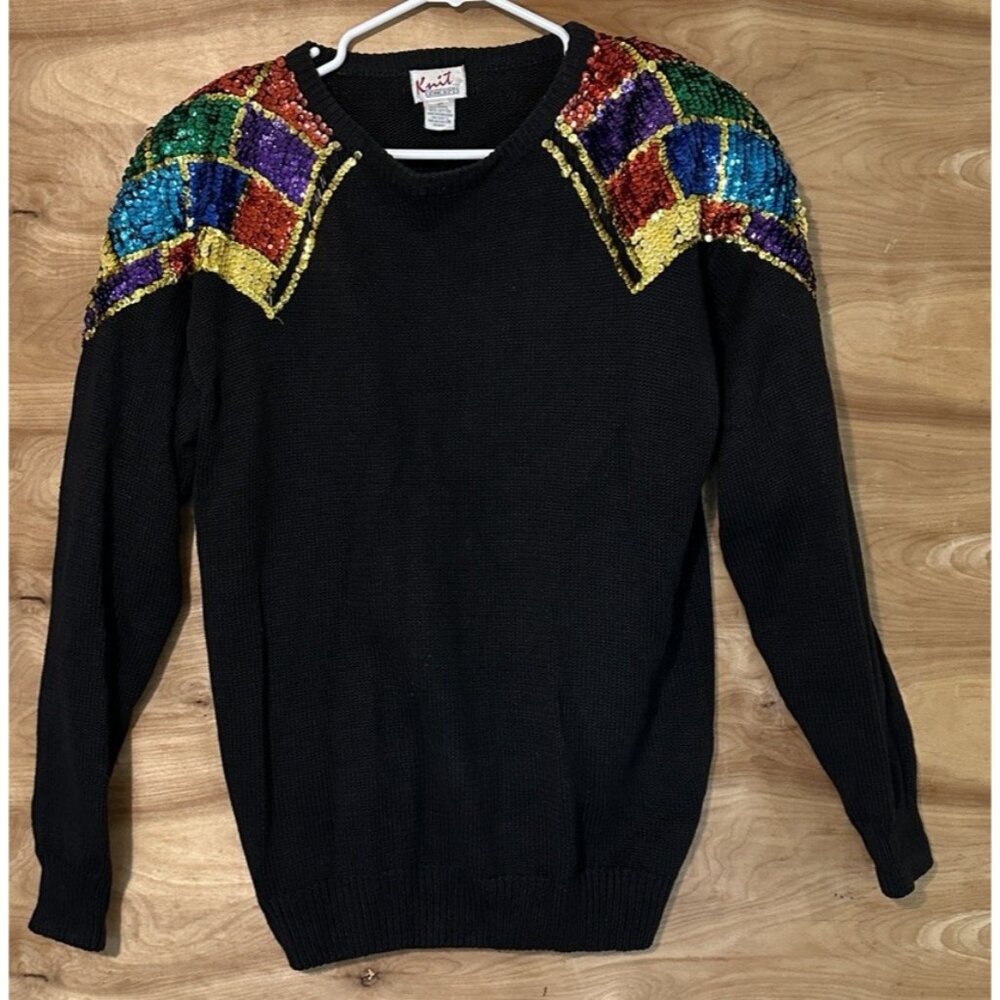 Vtg Knit Concepts Women Med Sweater Black Sequin Retro Disco 80s Shoulder Pads